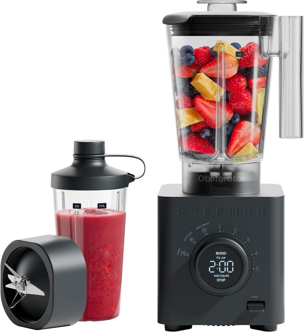 Chefman Obliterator 48 oz Countertop Blender for Smoothies, 1380W Motor to Crush Ice, Nuts, and Frozen Fruit with Stainless Steel Blade, Auto Blend Function, Includes 20 oz Travel Jar, Black