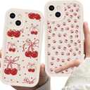 2 Pack Cherry Phone Case for iPhone 13 6.1",Cute Aesthetic Cases Kawaii Bow Design Pattern Cover for Girls Women,Beige Soft Anti-Scratch Shockproof Protection Funda for iPhone 13