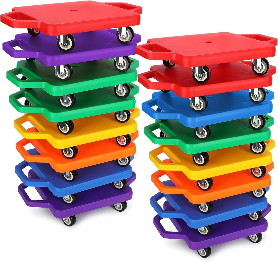 Deekin 16 Pieces Scooter Boards with Handles - Plastic Caster Sitting Scooter for Kids Indoor or Outdoor Physical Activities, Sports and Play Equipment