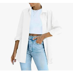 Woman Solid Casual Loose Shirt Long Sleeve Cotton Blouse Button Up Office Lady Tops, Size XL