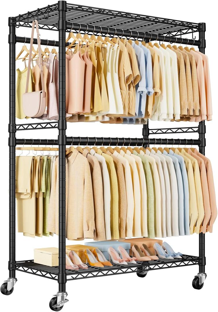 ULIFHOME P4 Plus Rolling Clothes Rack Heavy Duty, Clothing Racks for Hanging Clothes, Free Standing Garment Racks with Wheels, Portable Closet Rack 45''W 20.5''D 80.5''H, Max Load 570 Lbs, Black
