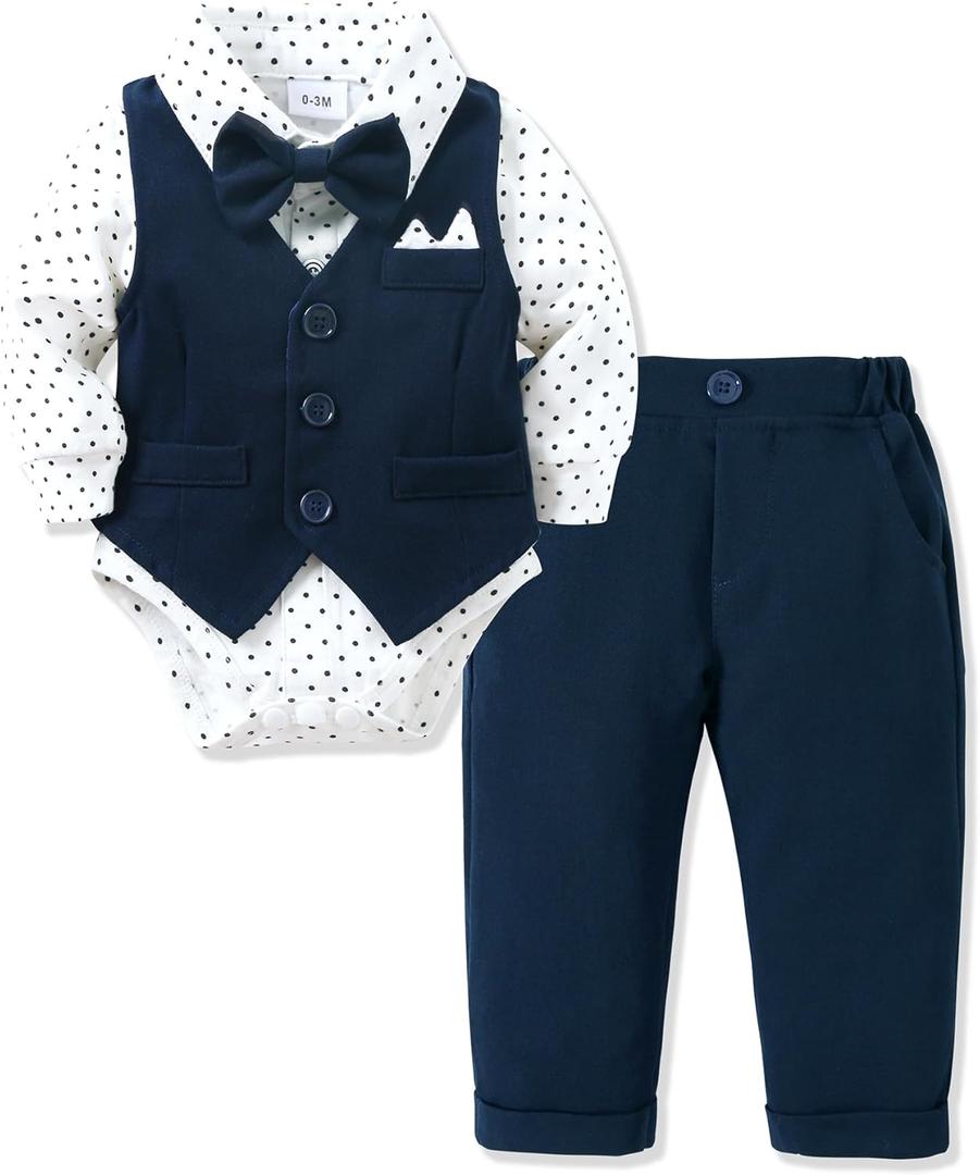 YALLET Baby Boy Clothes Suit 0-24 Months Infant Gentleman Outfits Formal Dress Shirt+Bowtie+Vest+Pants Set Baby Wedding Suits (6-12 Months, Navy Blue)