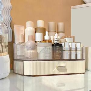 MIUOPUR Makeup Organizer with Stackable Drawers, Bathroom Vanity Organizers and Storage, Ideal for Desk and Dresser Countertops, Great for Cosmetics, skincare, Lipsticks, Nail Care -Cream (Tray + 1 Drawer)