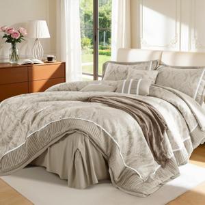 DEITAS King Size Comforter Set 7 Piece, Jacquard Woven with Damask, Bedding Set in a Bag Includes Soft Comforter, Bed Skirt, Pillow Shams, and Decorative Pillows, Beige