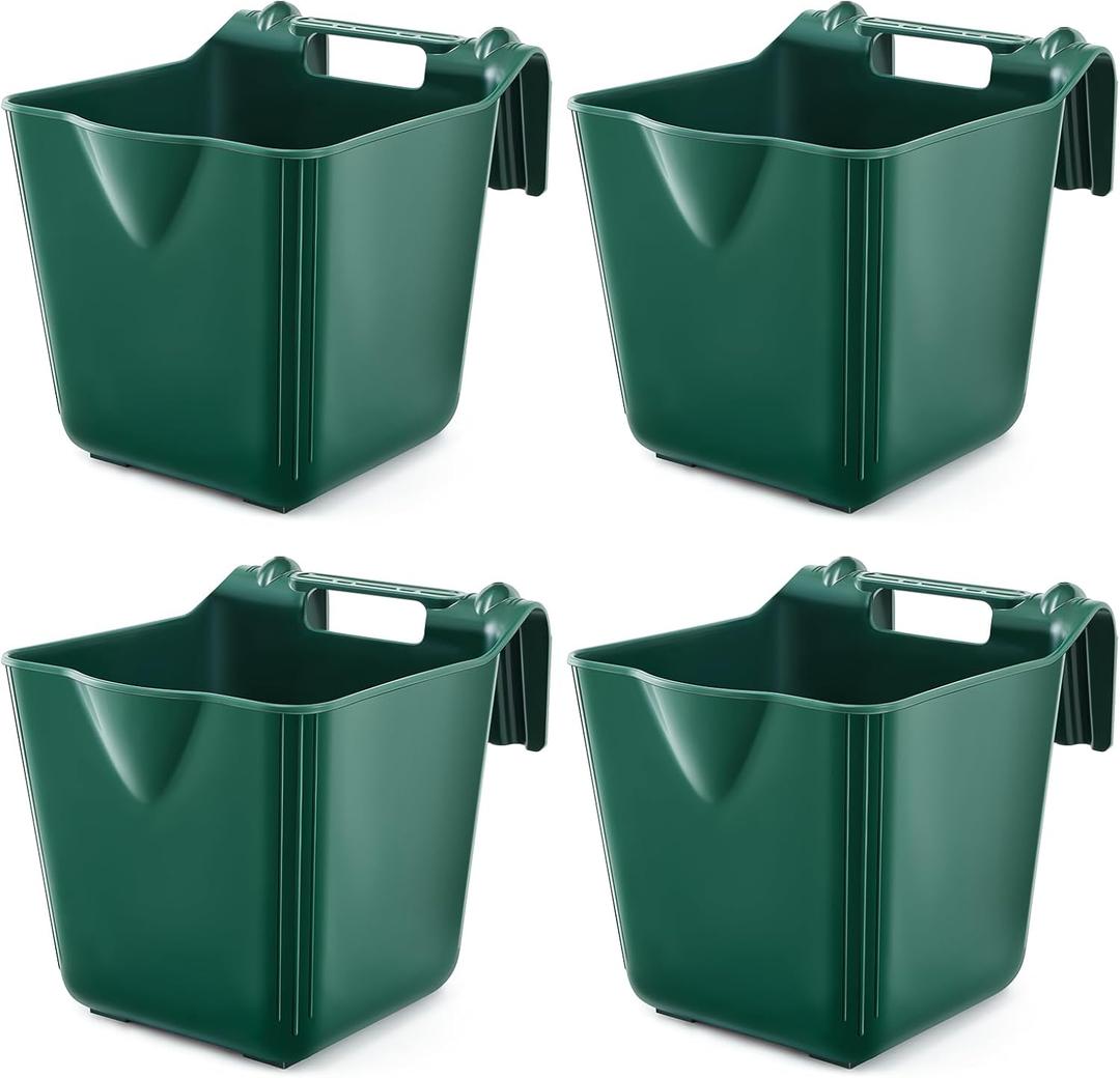 Marsui 4 Pack 15 Quart Horse Feeders for Stall Hook Over Hanging Fence Hay Feeder Mountable Livestock Plastic Feed Bucket for Farm Stalls Pasture, Stable to Feed Horses Sheep Cattle Cows Etc(Green)