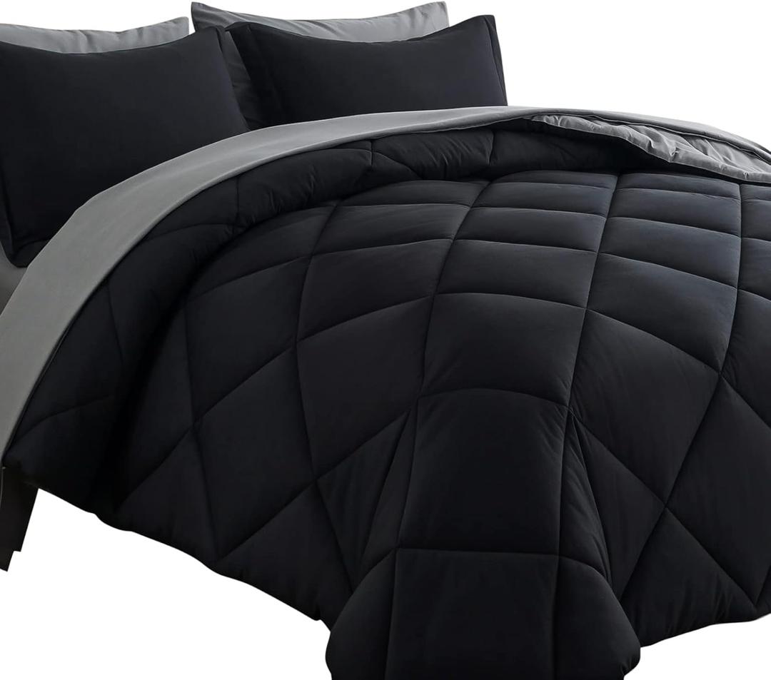 Cosybay Bed in a Bag King Reversible Comforter Sets 7pcs All Season Down Alternative Bedding Sets Black and Grey with Comforter, Pillow Shams, Flat Sheet, Fitted Sheet and Pillowcase