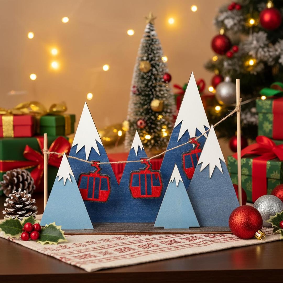 Pinkunn Ski Lift Scene Shelf for Christmas Wooden Snow Mountain Cable Decoration 15 x 11.6 x 4.5 Inches Table Top Centerpiece for Xmas Ski Party Decor