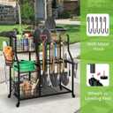 keomaisyto Garden Tool Organizer with Heavy Duty Wheels for Garage - with 2 Baskets, Large Yard Tool Organizer and Storage Holder, Utility Garden Tool Rack for/Shed/Garage/Yard/Basement/Lawn