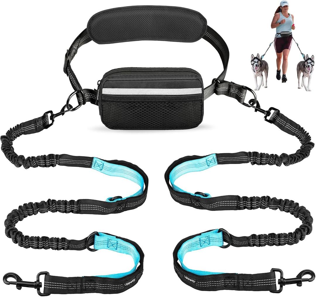 Hands Free Dog Running Leash with Adjustable Waist Belt, Dual Handle Elastic Bungees Retractable Rope for Medium and Large Dogs, Reflective Stitches for Walking Hiking Biking (Large, 25-120lb)