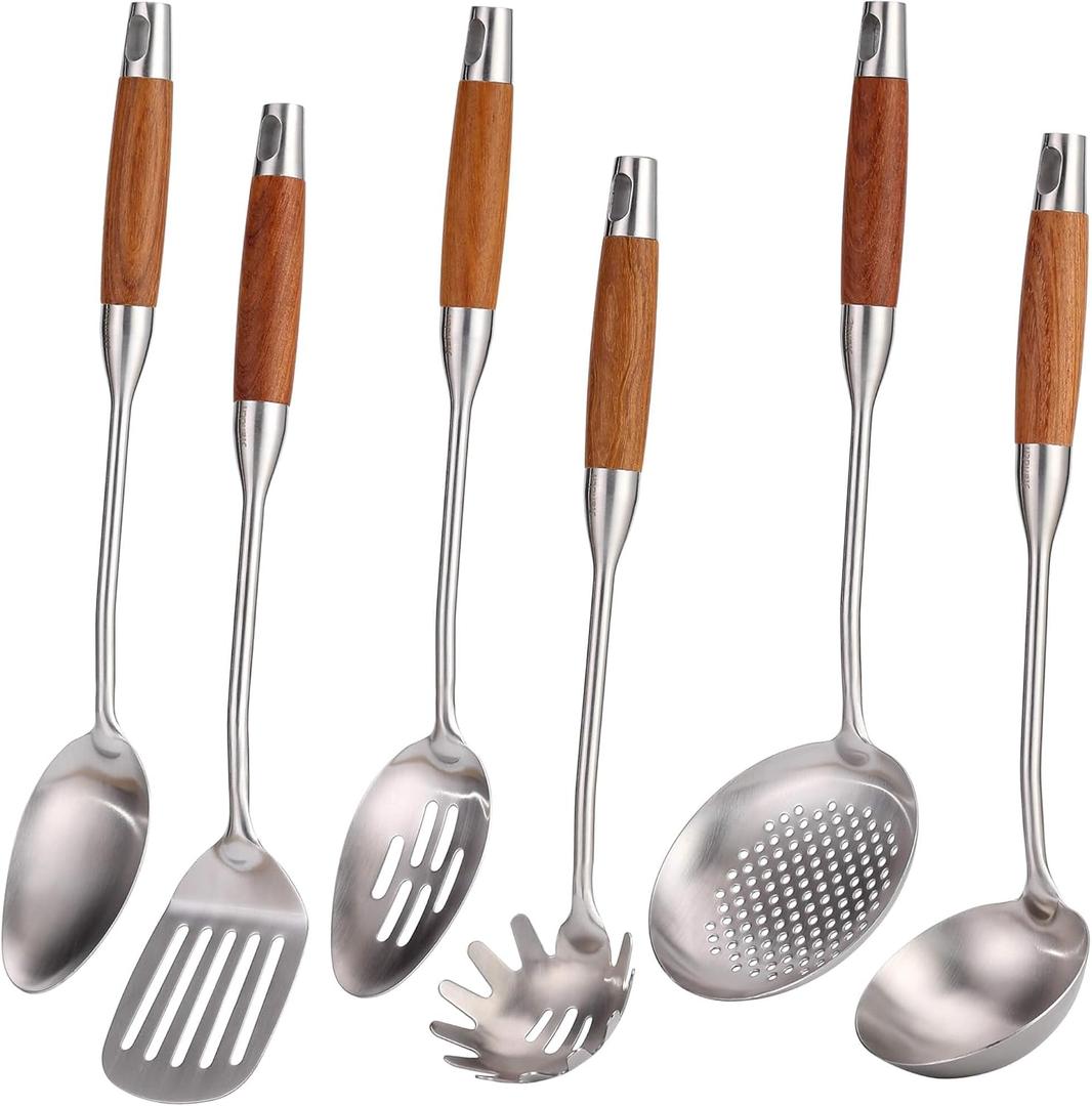 18/10 Stainless Steel Kitchen Utensils Set with Wood Handle - 15 Long Metal Cooking Tools - Serving Solid/Slotted Spoon, Turner, Skimmer, Soup Ladle, Spaghetti Spoon, Large Spoons Set of 6