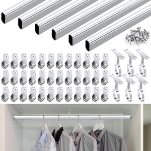 Tandefio Chrome Closet Rod 92 Inch with Oval Closet Rod 6 End Supports for Laundry Room Hanging Clothes Waterproof Shower for Curtains(Silver,2 Sets)