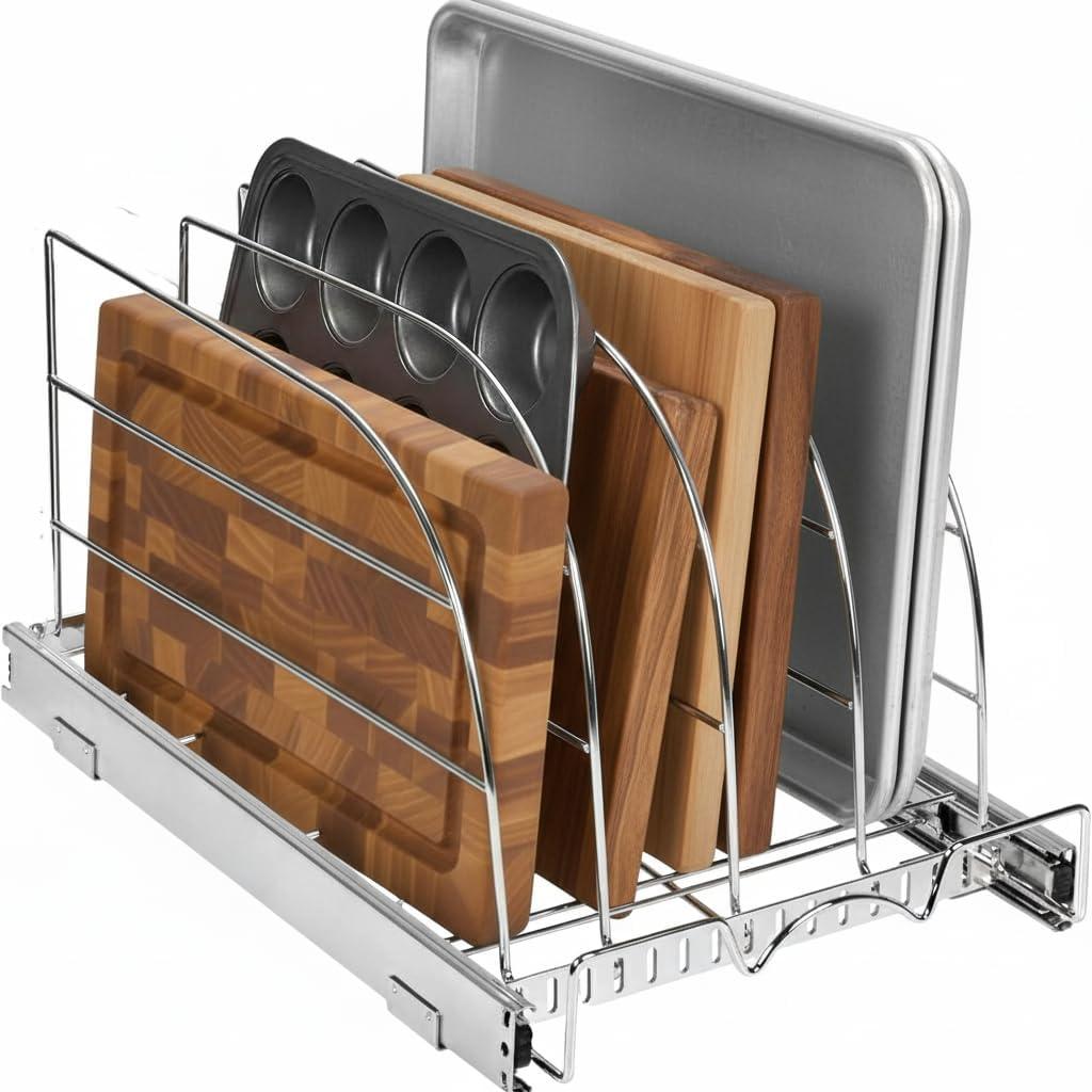 HOLDN STORAGE Pull Out Organizer for Bakeware, Cutting Board and Trays, Adjustable Dividers - Heavy Duty, For Narrow Cabinet Spaces, 12.5W x 21D x 11H, Chrome