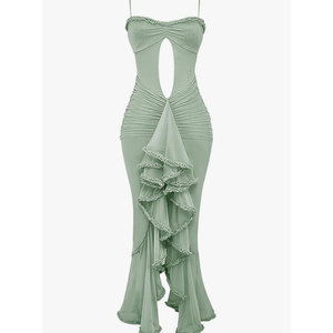 houstil Women's Strap Ruffle Casual Summer Dress Mesh Beach Party Maxi Cocktail Evening Holiday Wedding Guest Dresses, Green, XL