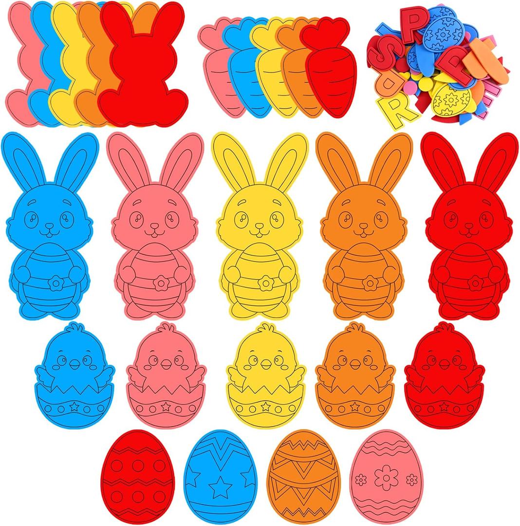 100 PCS Easter Crafts Kit for Kids DIY Foam Stickers - Bunny Eggs Baby Chicks Cutouts for Easter Bulletin Board & Classroom Decorations, Spring Party Home Wall Decor Crafts Supplies