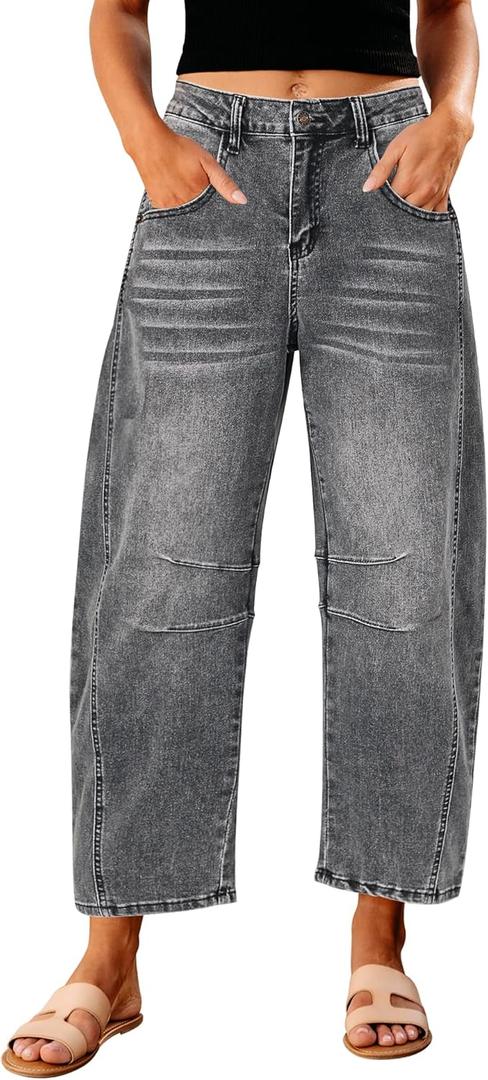 GRAPENT Barrel Jeans for Women Trendy High Waisted Wide Leg Baggy Cropped Relax Fit Stretch Denim Trouser Ankle Pants (XX-Large, Foxy Gray)