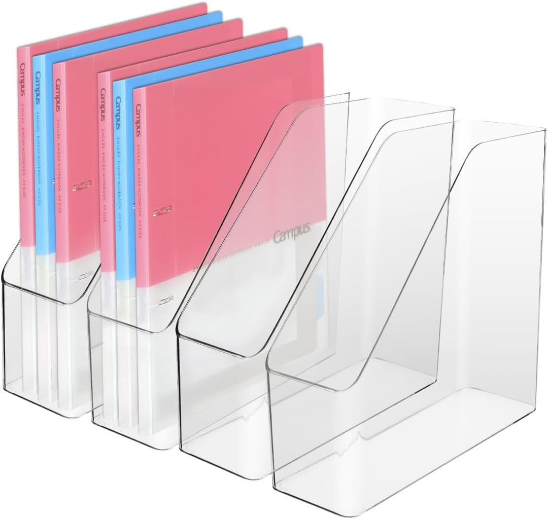 4Pcs Clear Acrylic Magazine File Holder, Plastic Vertical File Folder Storage Magazine Rack Bin, Acrylic Magazine Holder, Desk Document Sorter Organizer for Home Office School Work Desktop Supplies
