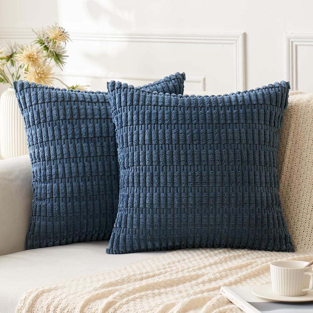 ANRODUO Pack of 2 Blue Pillow Covers Corduroy Decorative Throw Pillow Covers 18x18 Inch for Couch Bed Living Room Soft Striped Square Cushion Case Rustic Boho Pillows Neutral Pillows Room Home Decor