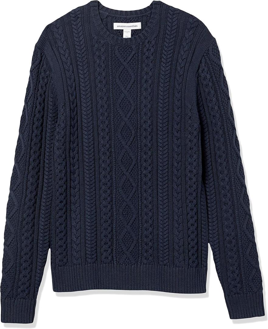 Amazon Essentials Mens Long-Sleeve 100% Cotton Fisherman Cable Crewneck Sweater (Large, Navy)