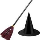 Skylety Witch Broom Hat Halloween Witch Costume for Kids Wizard Broomstick Black Wizard Hat Broom Halloween Party Cosplay (Brown)