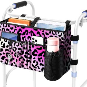 Rhino Valley Walker Bag, Multi Pockets Folding Walker Basket Tote Bag with Cup Holder, Hand-free Carry Pouch Storage Bag for Universal Walkers,Large Capacity Organizer for Seniors Elderly,Pink Leopard (Open)