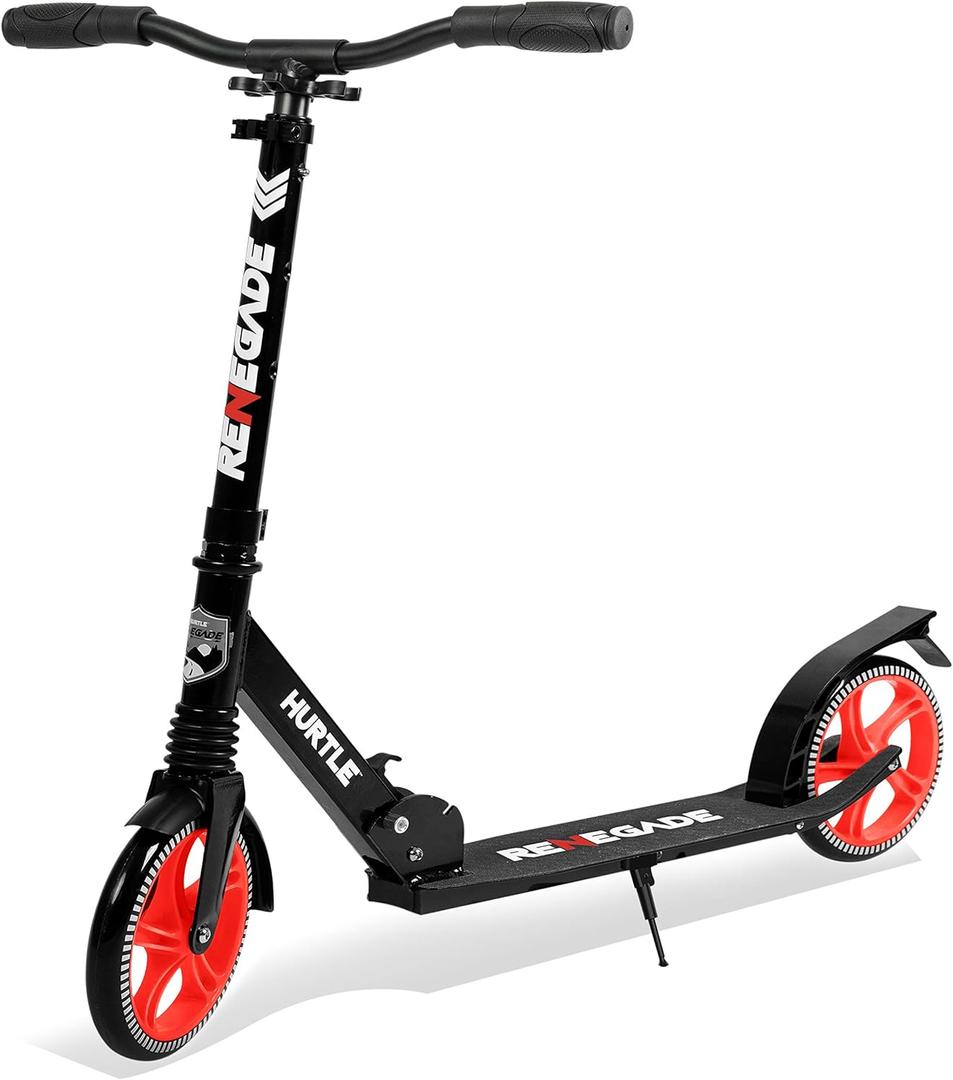 Hurtle Renegade Kick Scooter for Kids, Teenagers & Adults - 2-Wheel Folding Scooter with Adjustable T-Bar Handlebar - Alloy Anti-Slip Deck (Black)