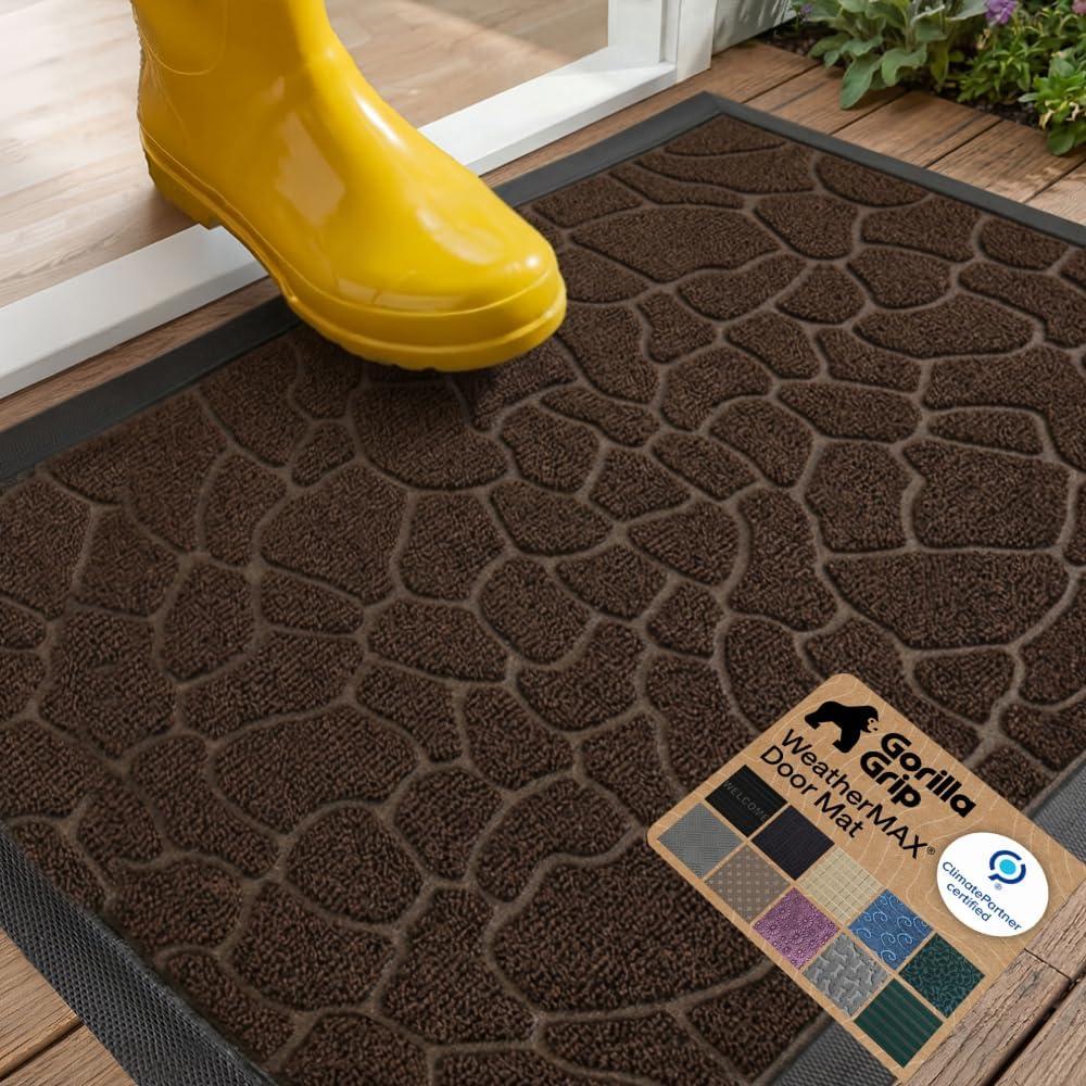 GORILLA GRIP 100% Waterproof All-Season WeatherMAX Doormat, US Designed Natural Rubber, Stain and Fade Resistant, Low Profile Indoor Outdoor Door Mats, Easy Clean Patio Mat, 29x17, Dark Brown Pebble