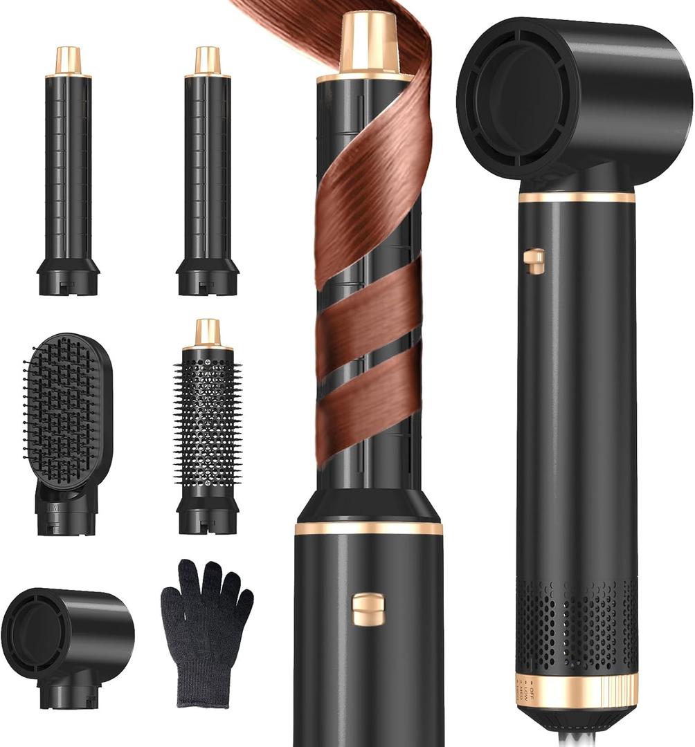 5 in 1 Hair Dryer Brush Hot Air Curling Brush Negative Ion Air Styler Multi Function Blow Dryer Brush with Curling Wand, Straightening Brush, and Volumizing Hot Air Brush for All Hair Types, Black