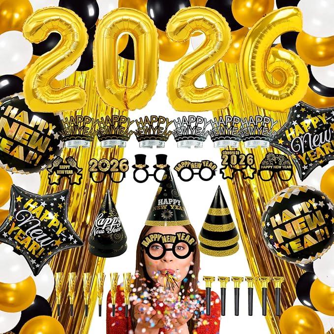 Joy Bang 70 PCS Happy New Years Decorations 2026, New Years Eve Party Supplies Photo Booth Props Backdrops Black Gold, 2026 Foil Balloons Headband Tiaras/Hats/Glasses/Noise Maker