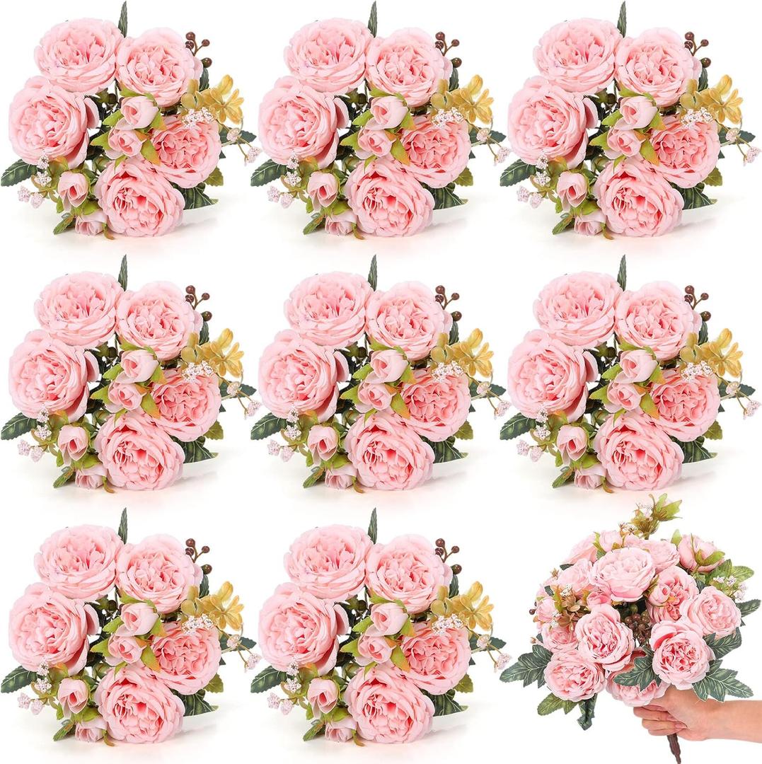 Yuxung 8 Bundles Artificial Peonies Flowers Boho Faux Flowers Arrangements Artificial Centerpiece Spring Bouquet Floral Wedding Decoration for Vase(Pink)
