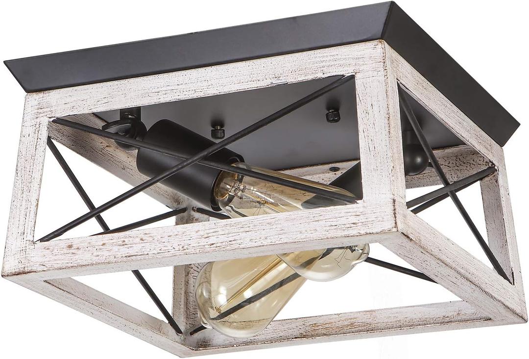 Luupyia 2Light Farmhouse Ceiling Light Fixture Semi Flush Mount, White Ceiling Light Rectangle Rustic Lighting Farmhouse Hallway Lights Fixtures Foyer Lighting for Entryway.