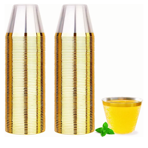 YOUTHSHIP 55 Pcs Clear Plastic Cups with Gold Rim, Premium 9 Oz Disposable Party Cups, Hard Plastic Drinking Cups for Party and Wedding