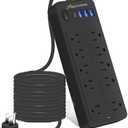 15 FT Power Strips with Surge Protection 1625W/13A,10 Outlets with 4 USB Ports (1 USB C) Long Extension Cord with Multiple Outlets 14-in-1 1700J 16Awg Flat Plug Power Strip Protector Black, ETL Listed