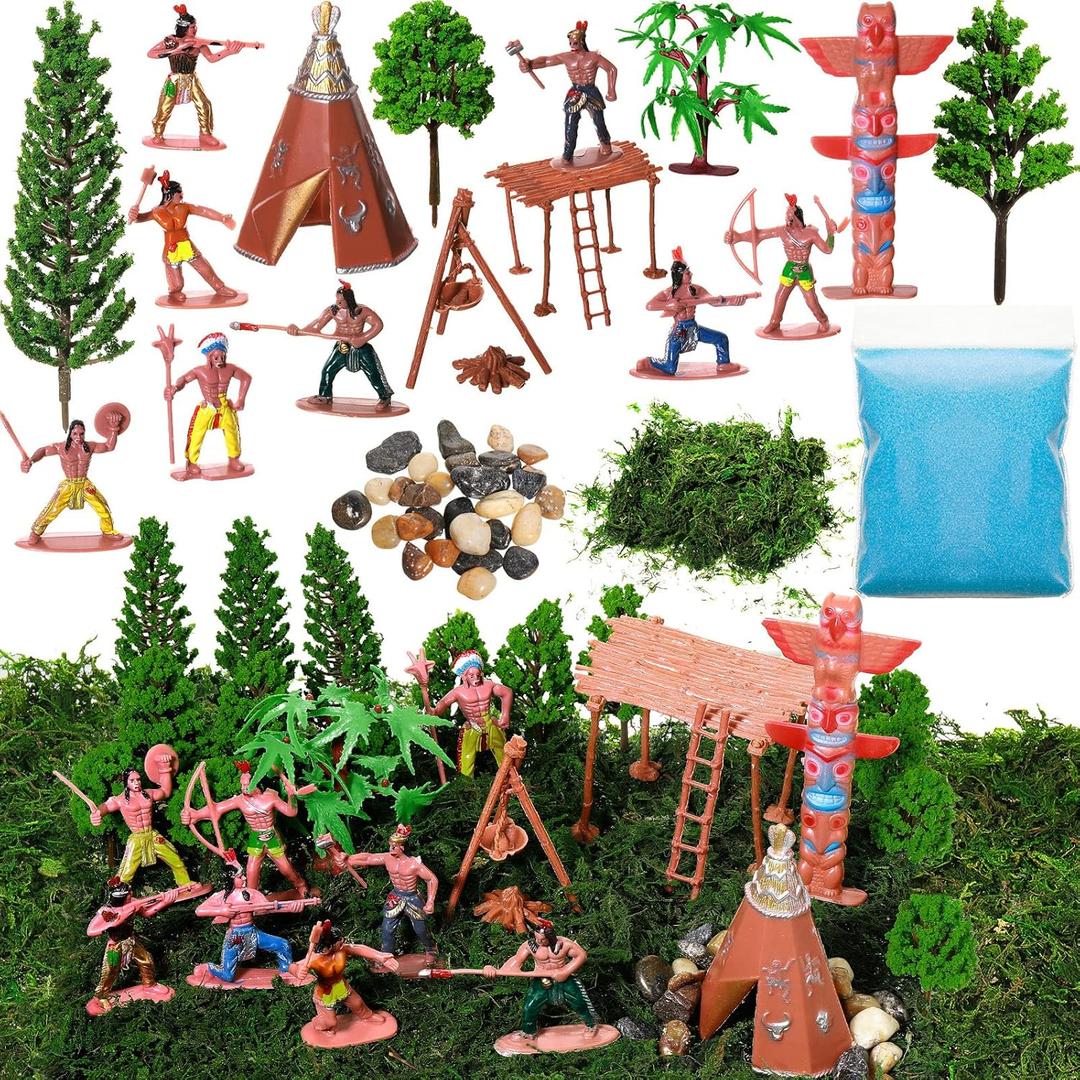 Canlierr 32 Pcs Native American Indians Figures Toys Set, Action Figure Diorama Cowboys Historical People Model Trees Scene Materials Kit for School Diorama Project Kids Educational Birthday Gift