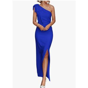 PRETTYGARDEN Women's Summer One Shoulder Long Formal Dresses Sleeveless Ruched Bodycon Wedding Guest Slit Maxi Dress, M