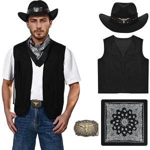 Antsparty Western Cowboy Costume for Men, Cowboy Cosplay Outfits with Tassel Vest Cowboy Hat  Bandana, Retro Cowboy Fancy Dress for Western Theme Party Cosplay, Hat Size 57