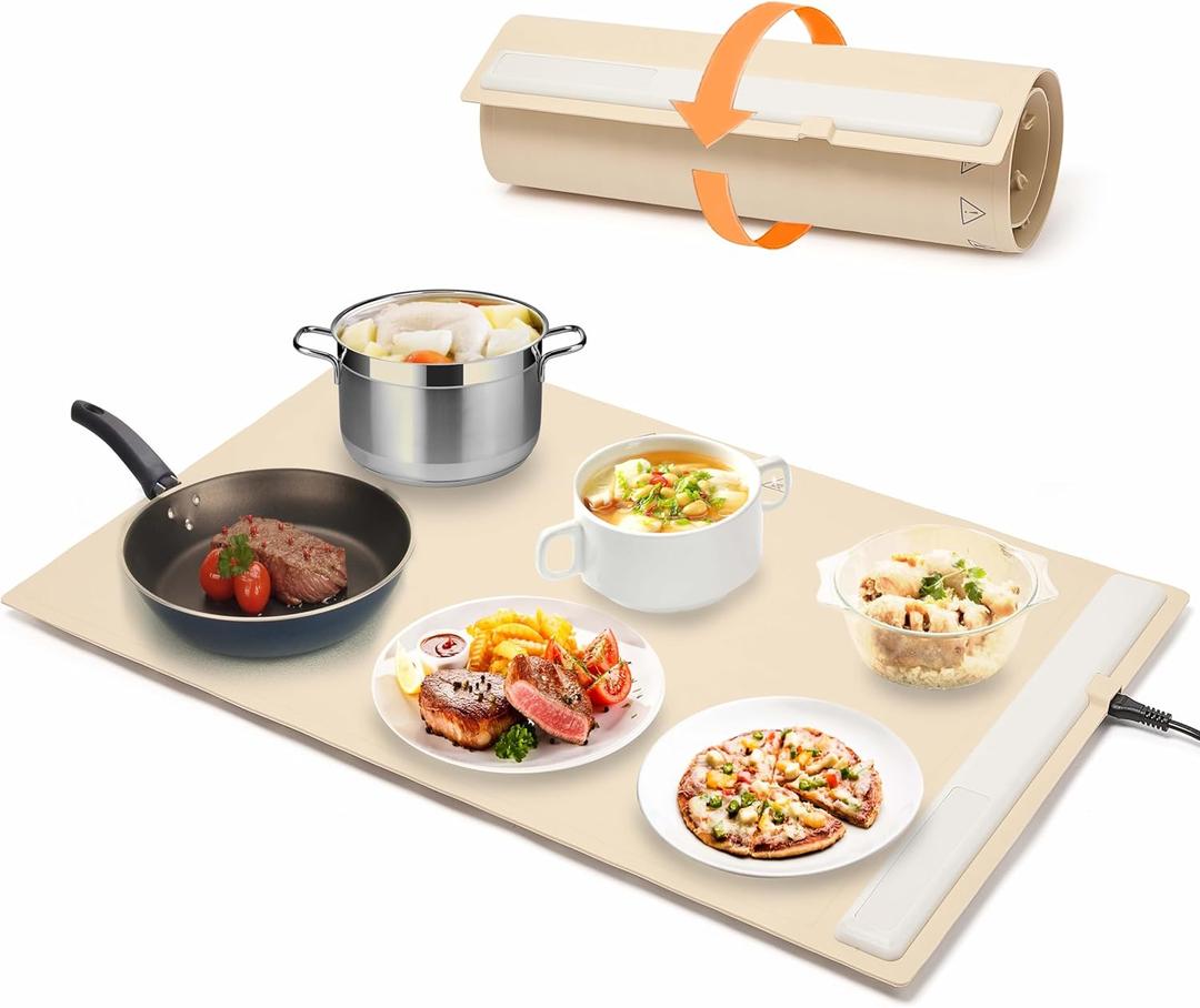 Electric Warming Tray with Adjustable Temperature, Roll Up Portable Silicone Food Warmer Heater Mat, 3 Temperature Settings -Versatile Food Warmer for Gatherings, Parties Buffets,Everyday Use (Long)