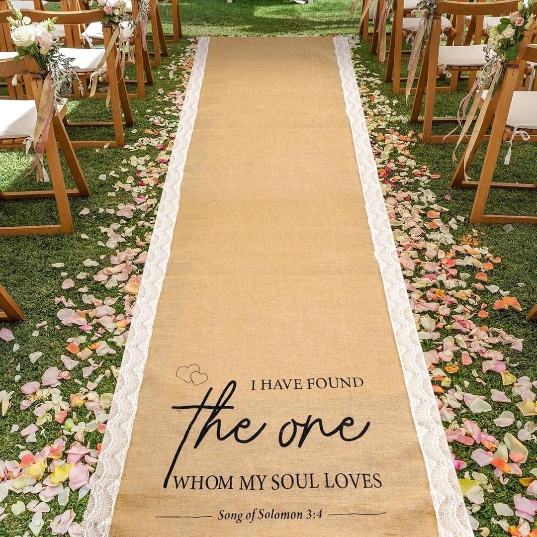 Tondiamo 3.33 ft x 30 ft Wedding Aisle Runner Outdoor Natural Burlap Aisle Runner for Wedding Ceremony Wide Rustic Jute Carpet Rug with Lace Black Printing for Outdoor Beach Ceremony Lawn Church