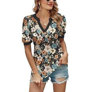 Romanstii Women's Short Sleeve V-Neck T-Shirts Ladie Blouse Tops, Black Daisy, M