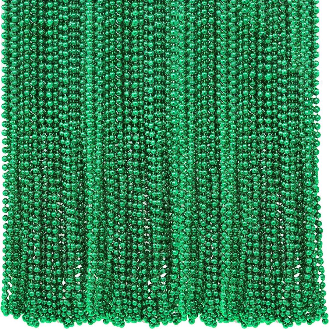 4E's Novelty St Patricks Day Beads Necklace Bulk (Pack of 72) Green Beads - Saint Pattys Gifts, 33 Inch 7mm Party Favor Supply, St Patricks Day Outfit Costume Dress UP Accessories Bulk Parade Throws