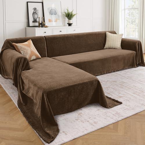 CAPALOCA Sectional Couch Covers, 2 Pieces Chenille Sofa Cover L Shaped Couch Cover Blanket for Dogs Washable Sofa Slipcovers Pet Furniture Protector (XX-Large: 71" x 118" + 71" x 118", Coffee)