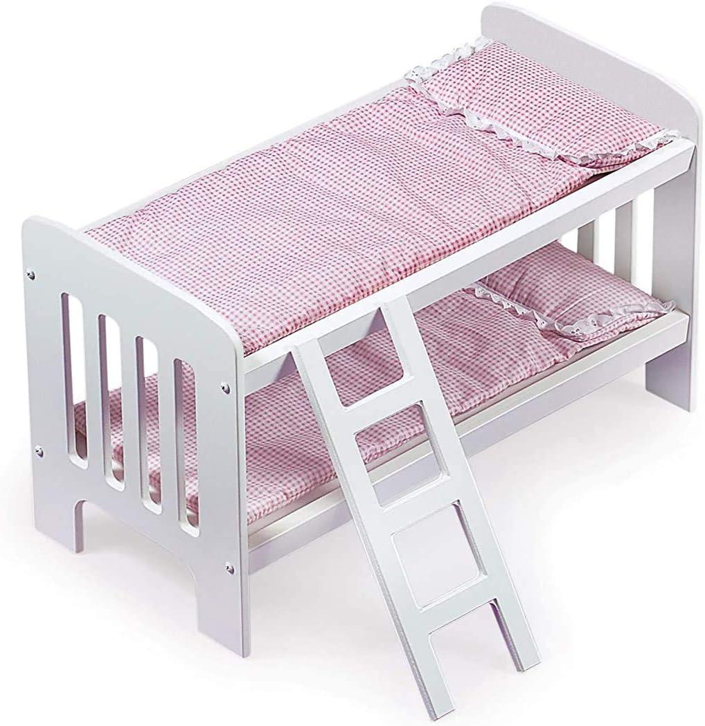 Badger Basket Doll Bunk Bed with Bedding & Ladder - Two Level Wooden Bed for Dolls, Includes Bedding & Accessories- White/Pink Gingham, 20