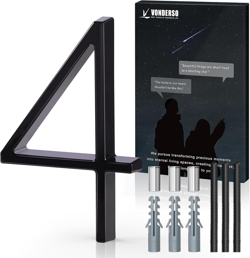 5 Inch Floating House Number 4, VONDERSO Black Metal Modern Outdoor Address Sign for Yard Street and Mailbox, Zinc Alloy Solid Address Numbers and Letters with Exquisite Drawing Process