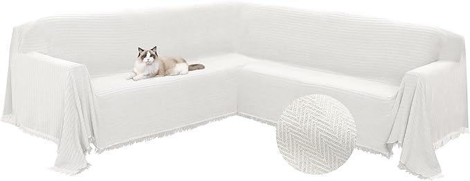 Sectional Couch Covers L Shape Corner Sofa Cover Blanket Jacquard Knitted U Shaped Sofa Slipcovers with Tassel Soft Washable Non Slip Pet Dog Furniture Protector (Cream White, 91x252 inch