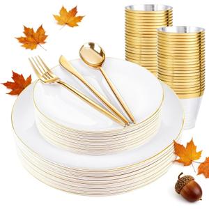 bUCLA 150PCS White and Gold Plastic Plates Disposable - 25 Guests Gold Dinnerware Set - Include 25 Each (Dinner & Dessert) Plates, 25 Knives, 25 Forks, 25 Spoons & 25 Cups for Party & Thanksgiving