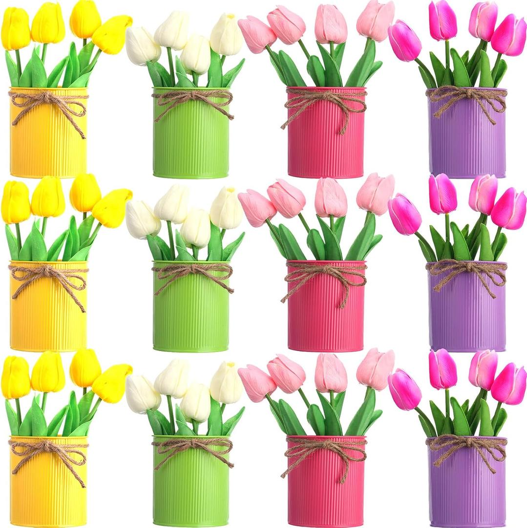 Domensi 12 Pack Spring Centerpieces for Table Office Decoration 48 Pcs Mother's Day Artificial Tulip Bulk with 12 Metal Pot PU Faux Flowers in Vase Floral Bouquet for Office Work Home Table Decor