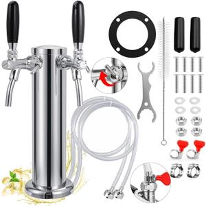 New Adjustable Dual Tap Kegerator Tower Beer Tap Tower with 1/4 Barb, 3" Draft Beer Dispenser Keg Tower, 304 Stainless Steel Core Self-Closing Beer Faucet with Pre-Assembled Kegerator Parts Kits