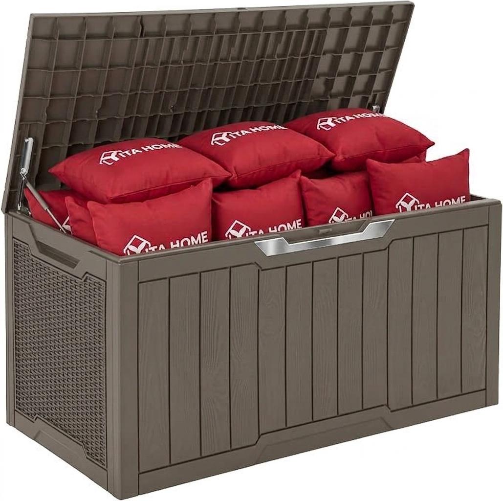 YITAHOME 100 Gallon Outdoor Storage Box w/Silver Decorative Trim,Waterproof Large Resin Lockable Deck Box for Patio, Outdoor Cushions, Garden Tools and Pool Supplies (Taupe)