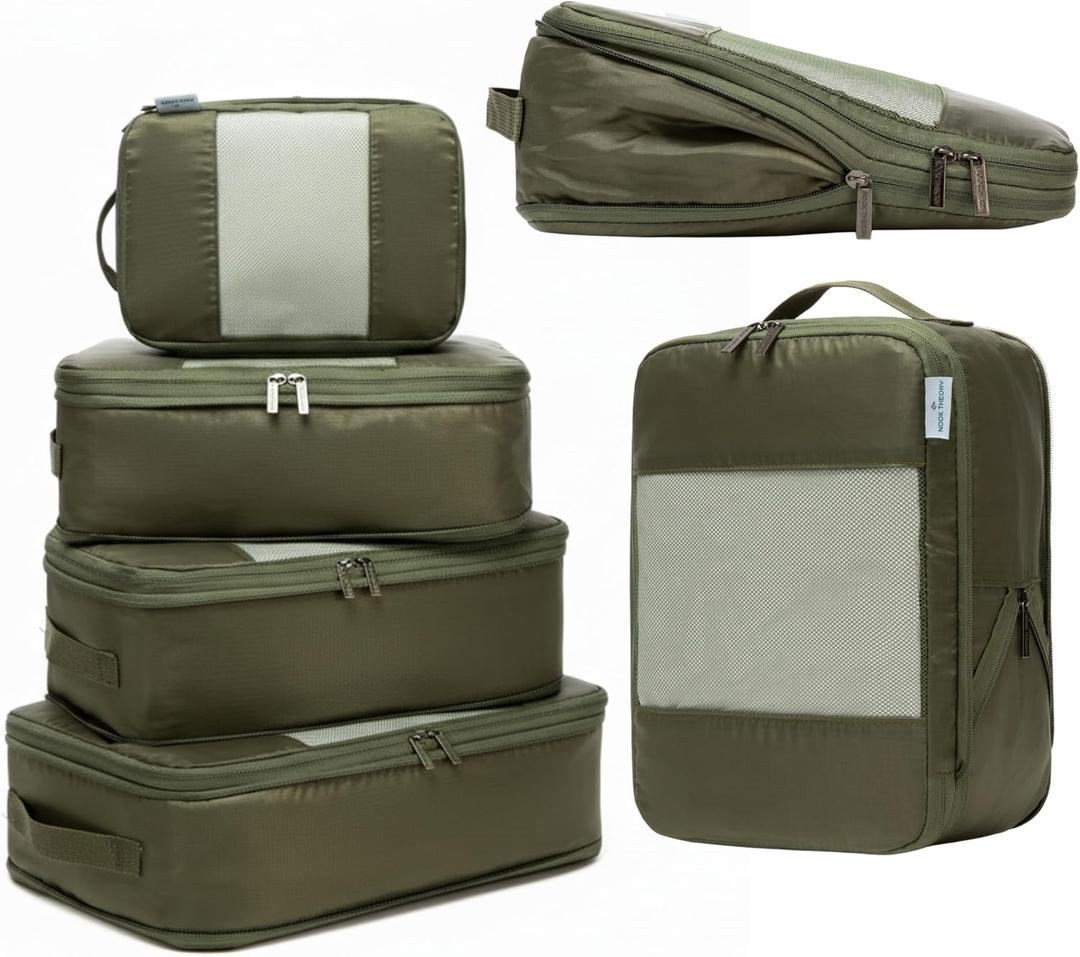 6-Pack Large Compression Packing Cubes for Travel - Lightweight Compression Packing Cube Set, Water-Resistant Luggage Organizer Bags & Suitcase Organizers, Travel Cubes for Carry-On, Checked Luggage (Olive)