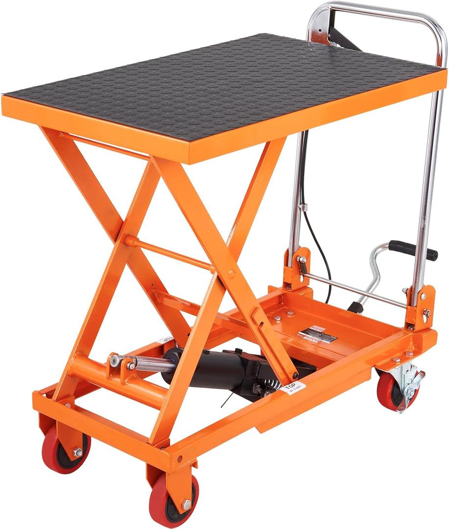 VEVOR Hydraulic Lift Table Cart, 330lbs Capacity 28.5" Lifting Height, Manual Single Scissor Lift Table with 4 Wheels and Non-Slip Pad, Hydraulic Scissor Cart for Material Handling and Transportation (Orange)