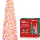 MACTING Pink Christmas Tinsel Tree with Lights, Easy-Assembly Glittery 5ft Pop up Christmas Tree for Holiday Party Winter Xmas Decorations